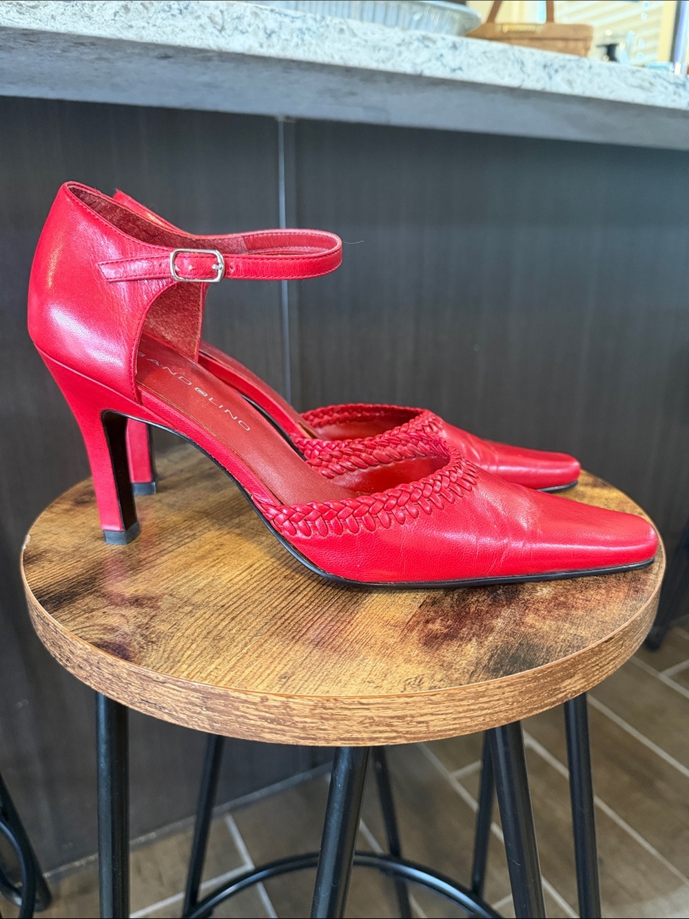 Bandolino Red Leather Ankle-Strap Pointed-Toe Heels